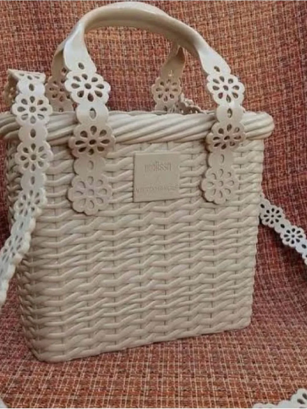 Melissa x Viktor & Rolf Woven Beige Floral-Trim Bag
